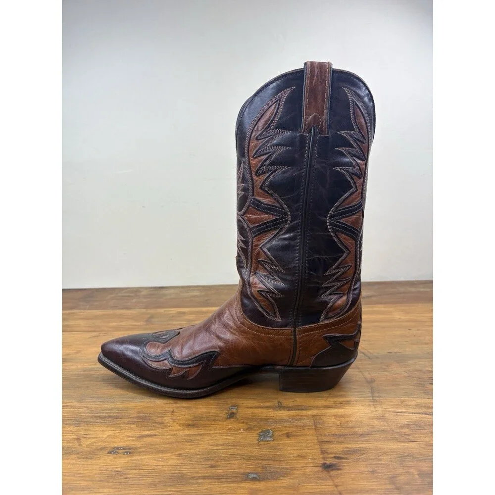 Vtg. Code West Two Tone Leather Flame Inlay Cowboy Boots Mens 10 M USA Western
